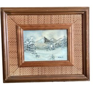 Vintage Framed Painting Winter Fir Tees & Mountains Wicker Mat Signed “Cole”